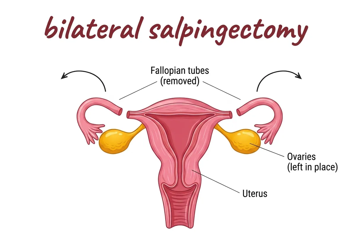 Diagram of a bilateral salpingectomy: both fallopian tubes removed, ovaries and uterus left in place