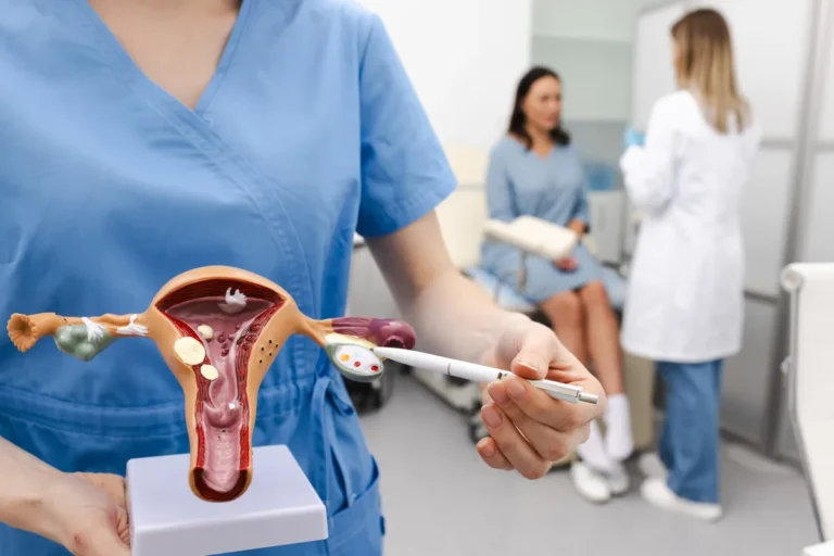 Healthcare worker in blue scrubs holding an anatomical model of the uterus, fallopian tubes and ovaries and pointing to it with a pen, while a doctor talks with a patient in the background