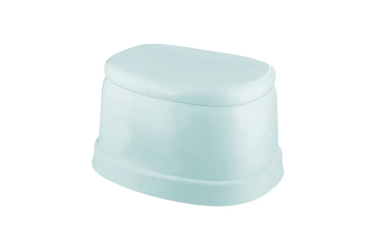 Small light blue footstool that can go under your feet on the toilet to raise your knees and avoid straining
