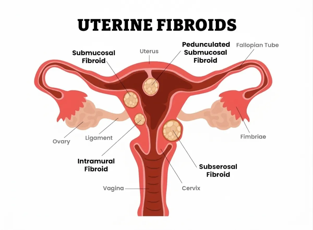 Diagram of the uterus showing submucosal, pedunculated submucosal, intramural and subserosal fibroids